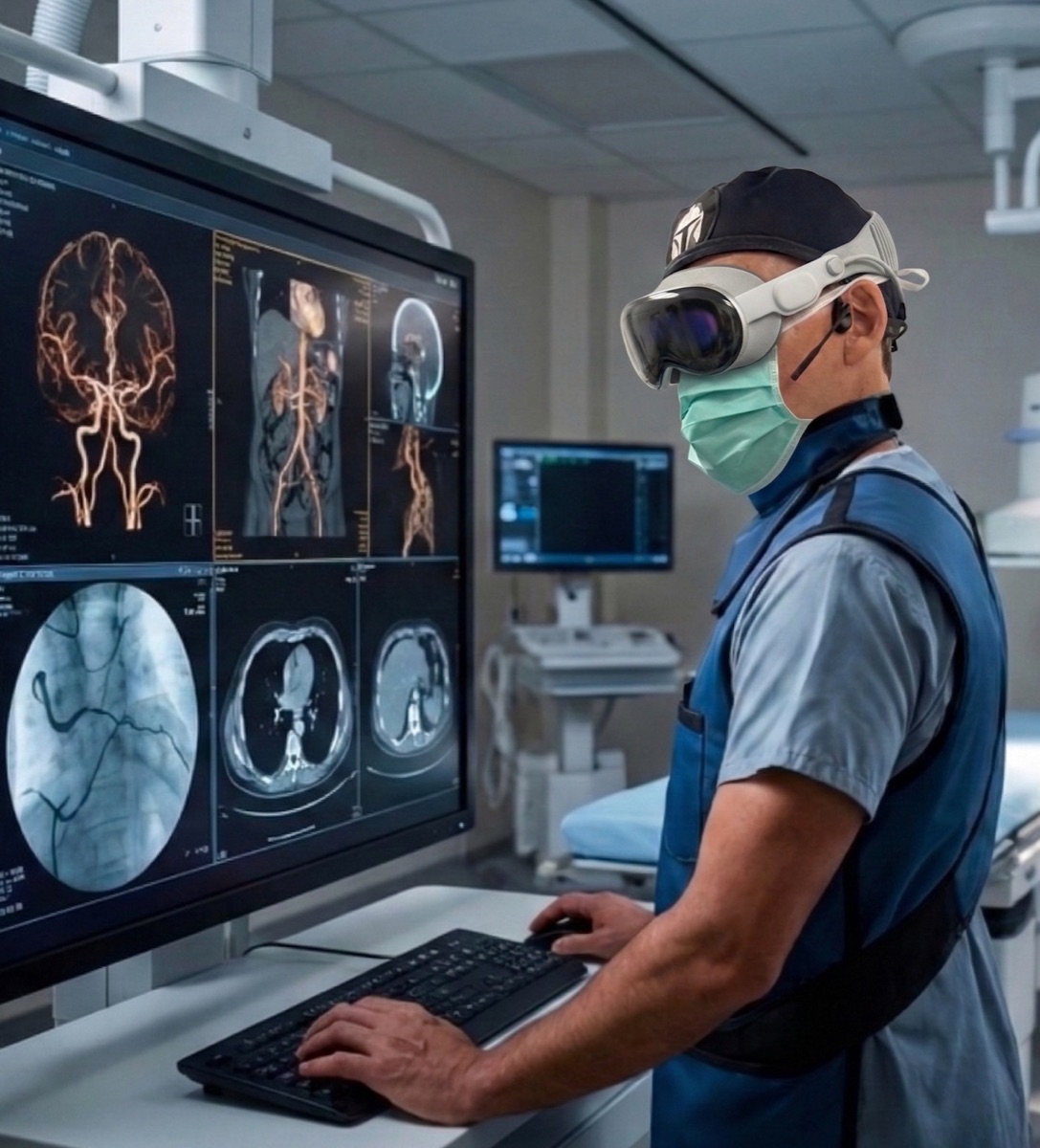 Dr Glen Schlaphoff wearing an augmented-reality headset while reviewing vascular imaging