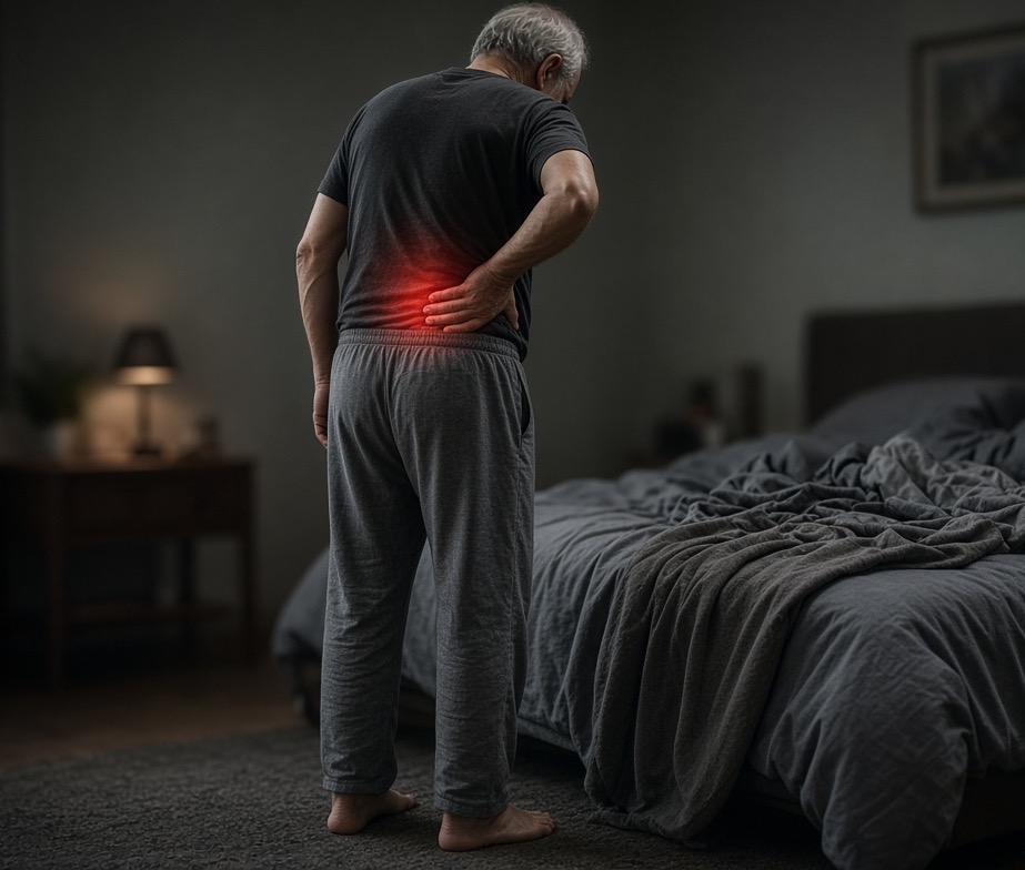 Man standing beside his bed at night, holding his painful lower back